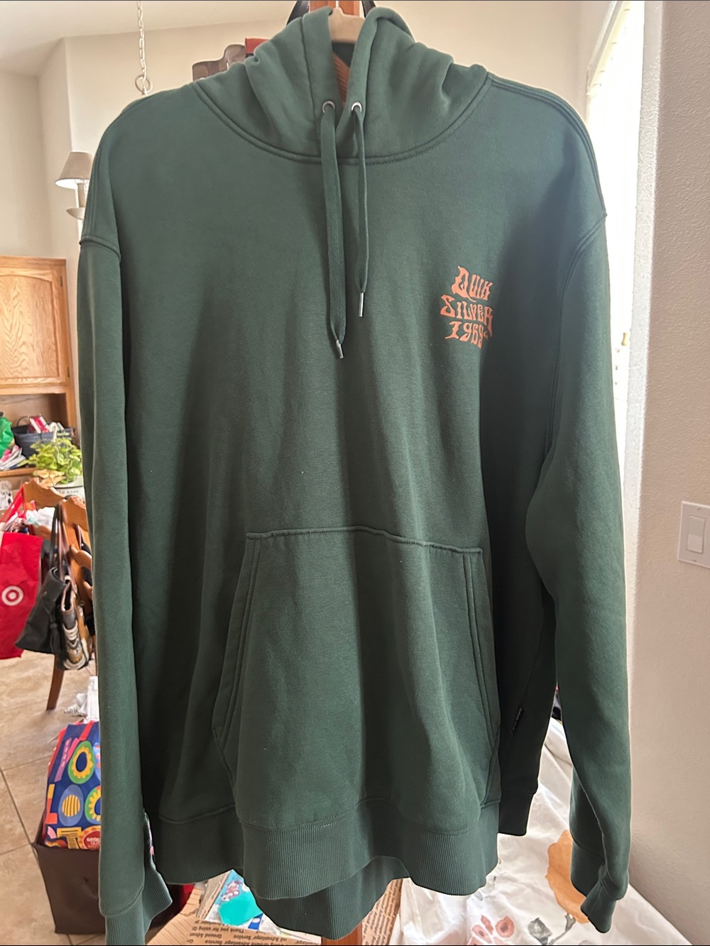Quiksilver Dark Green Hoodie with Small Orange Chest Logo VGUC